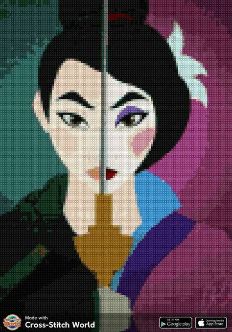 Mulan Cross Stitch Pattern, Mulan Cross Stitch, Disney Quilt, Stitch Witchery, Ac New Leaf, Disney Cross Stitch Patterns, Crochet Stitches Diagram, Art Perle, Framed Cross Stitch