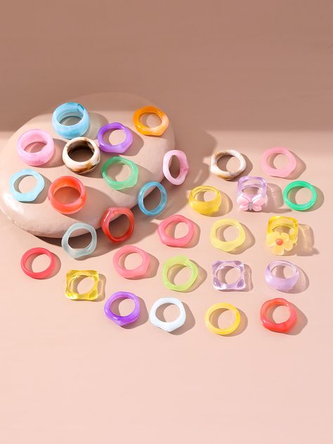 Multicolor Fashionable Collar  Polyresin  Ring Sets Embellished   Jewelry Resin Ring Ideas, Cute Rings Aesthetic, Shein Rings, Preppy Rings, Preppy Ring, Preppy Items, Colourful Rings, Body Jewelry Diy, Rings Resin