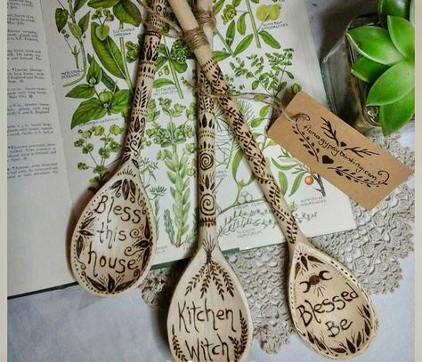 Wood burned spoons Witchy Wooden Spoons, Pyrography Spoons, Room Trinkets, Diy Wands, Kitchen Witch Decor, Alter Space, Wooden Spoon Crafts, Wood Burn Spoons, Pagan Decor