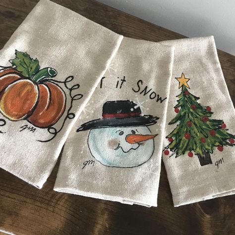 Holiday Hand Towels, Painted Clothes Diy, Painted Kitchen, Pumpkin Pillows, Snowman Christmas Tree, Christmas Towels, Kitchen Dish Towel, Christmas Pillows, Holiday Gift Sets