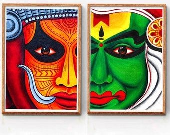 Onam Related Paintings, Traditional Art Indian, South Indian Drawing, Kathakali Painting On Canvas, Onam Painting, Kathakali Mural, Theyyam Drawing, Indian Painting Ideas, Kerala Mural Painting On Canvas