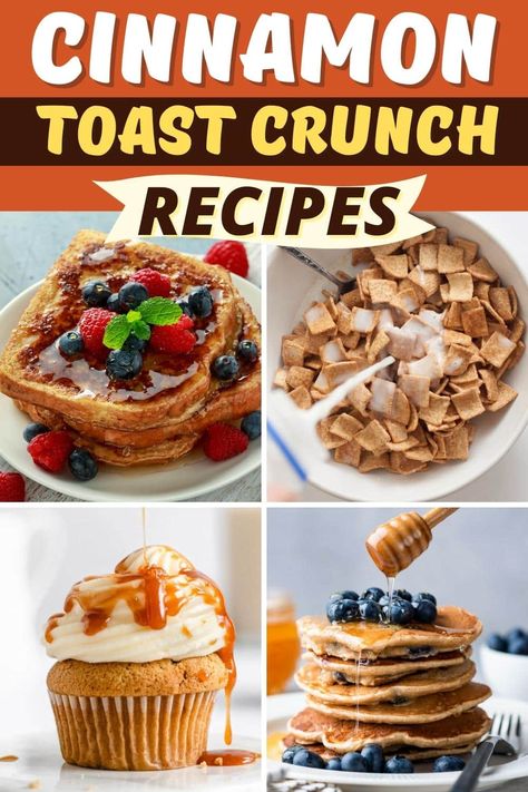 Treat yourself with these Cinnamon Toast Crunch Recipes! From bars to cookies to cheesecake and waffles, this tasty cereal has endless possibilities. Recipes With Cinnamon Toast Crunch Cereal, Cinnamon Toast Crunch Recipes, Cinnamon Toast Crunch Treats, Cinnamon Toast Crunch Bars, Random Desserts, Crunch Recipe, Basic Cookies, Crunch Cereal, Crunch Cake