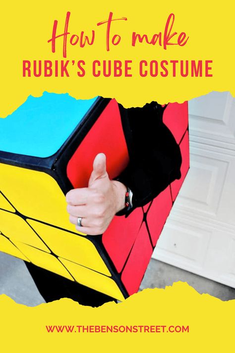 Learn how to make an easy Rubik's Cube Costume using a cardboard box, spray paint, and cardstock paper! This costume is easy but turns out so cool! Rubix Cube Halloween Costume, Rubics Cube Costume, Rubix Cube Costume Diy, Rubik’s Cube Costume, Rubix Cube Costume, Cardboard Box Costumes, Rubiks Cube Costume, Cardboard Box Costume, Rubicks Cube