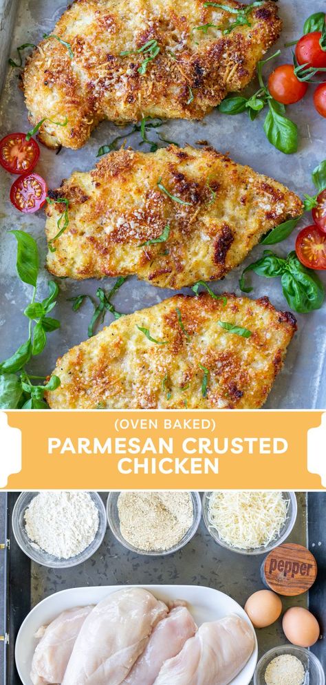 Parmesan Crusted Chicken Oven, Butterfly Chicken Recipes, Chicken Breaded, Breaded Chicken Parmesan, Easy Parmesan Crusted Chicken, Baked Parmesan Crusted Chicken, Panko Crusted Chicken, Baked Breaded Chicken, Parmesan Crusted Chicken Recipe