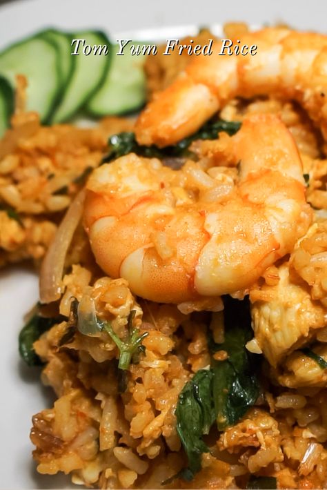 Tom Yum Fried Rice Recipe, Tom Yum Rice, Tom Yum Fried Rice, Yam Fries, Thai Salad Recipes, Shrimp Fried Rice Recipe, Thai Salad, Tom Yum Soup, Tom Yum