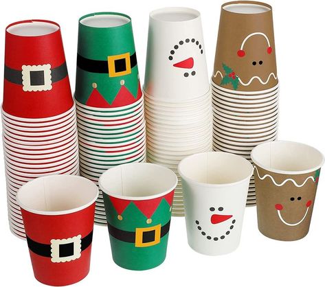 Christmas Water Bottle Ideas, Cup Christmas Gift Ideas, Christmas Party Cups, Hot Cocoa Party, Elf Snowman, Paper Cup Design, Paper Cup Crafts, Cocoa Party, Santa Cups