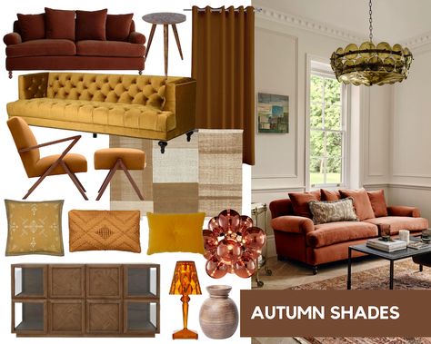 Warm Autumn Colour Living Room Ideas Mood Board including brown, orange, mustard colour sofas, curtains, cushions and more Colours Living Room, Snug Living Room, Colour Living Room, House Of Flora, Dark Green Living Room, Real Wood Furniture, Cosy Lounge, Cute Cushions, Oak Sideboard