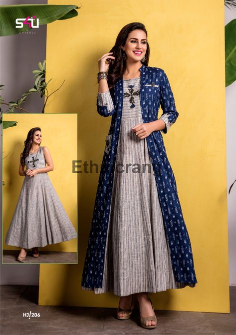 #FestiveFashion!! Consider the cool, casual trends along with festive hues, Find more ways to love yourself, and your wardrobe too with our 2-piece (long Kurti with Jacket) collection “Hello Jacket Vol-2”. #S4UbyShivali #Newlaunch #HelloJacketVol-2 #indianwear #instafashion #ethnicwear #FestiveFashion Size: M-L-XL-XXL SINGLE AVAILABEL Dispatch in 3-4 Days. Dres Batik, Jacket Kurti, Latest Kurtis, Layered Kurta, Kalamkari Dresses, Saree Kurti, Long Gown Design, Simple Kurti Designs, Wholesale Catalog