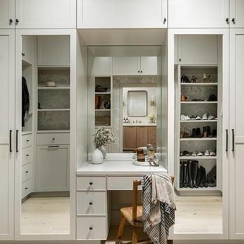 White Wardrobe Cabinets with Pink Linen Panels - Transitional - Closet Vanity Inside Closet Small Spaces, Vanity In Closet Walk In, Vanity In Master Closet, Built In Vanity In Closet, Built In Shoe Shelves, Closet With Vanity Built In, Vanity Inside Closet, Vanity In Closet, Walk In Closet With Vanity