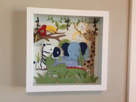 Fun project made for my baby boys nursery to match his bedding! Made from the Cricut Expression machine and made to be 3-D! Placed in a nice shadow box! Jungle Shadow Box Ideas, Girl Nursery Diy, Baby Boys Nursery, Cards Cricut, Baby Boy Art, Baby Shadow Box, Art Shadow, Box Frame Art