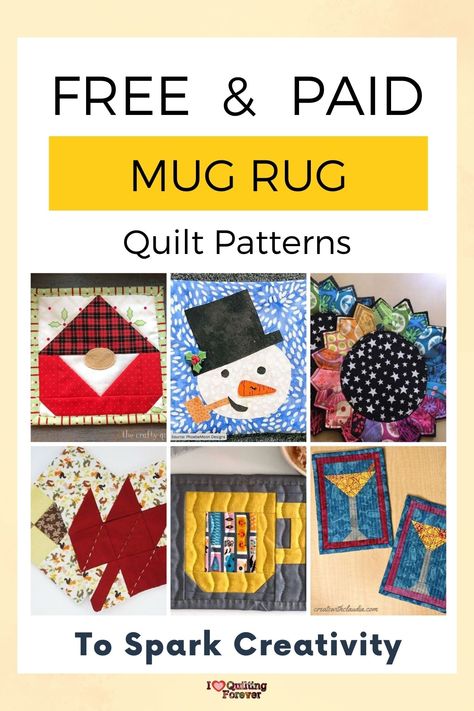 Top 10 Free Mug Rug Quilt Patterns (+11 Bonus Patterns For Sale) Holiday Mug Rugs Patterns Free, Free Mug Rugs Patterns, Christmas Mug Rugs Quilted, Dog Mug Rugs Patterns Free, Free Pot Holder Patterns Sewing, Christmas Mug Rugs Patterns Free, Mug Rugs Patterns Free Printable, Quilted Mug Rug Patterns Free, Easy Mug Rugs Patterns Free