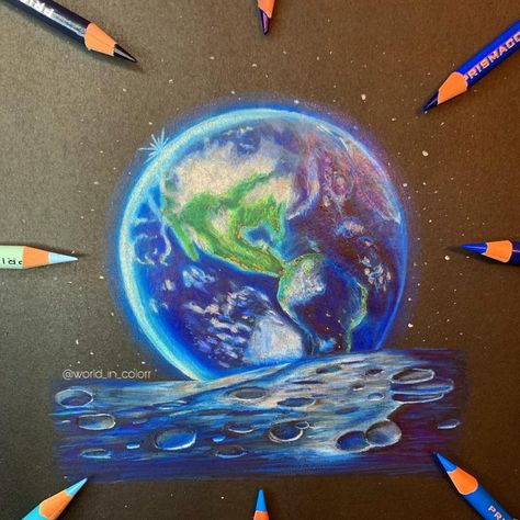 Earth drawing made by @world_in_colorr on Instagram using Prismacolor colored pencils on black Arteza paper #earthday #earth #arteza #prismacolor #blackpaper Realistic Earth Drawing, Earth Pencil Drawing, Black Paper Art Colored Pencils, Prismacolor Drawing Ideas, Drawing Planets, Earth Sketch, Galaxy Ideas, Earth Drawing, Prismacolor Drawing