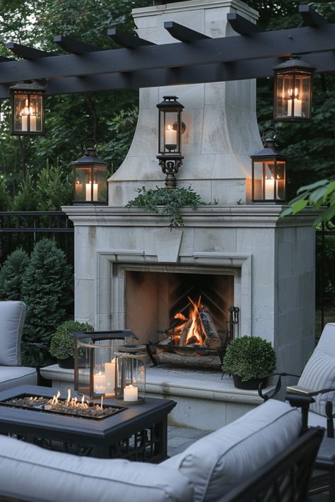 Transform Your Backyard: 25 Stunning Outdoor Fireplace Ideas for Cozy Evenings Corner Fireplace Outdoor, Outdoor Dining With Fireplace, Outdoor Fireplace With Television, European Outdoor Fireplace, Outdoor Fireplace With Fountain, Stone Patio Fireplace, Fireplace In Backyard, Fireplace Outside Ideas, Outdoor Fireplace Seating Ideas