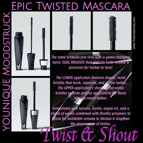 Younique #EPIC twisted mascara www.TheDivaDonna.com  The same formula you love with a game-changing twist: dual brushes that provide both volume and precision for lashes to love! The lower applicator features denser, mold bristles that hook, separate, and define lashes while the upper applicator’s short, spiral-wired bristles provide precise application for those hard-to-reach lashes. Formulated with keratin, biotin, argan oil, and a blend of waxes combined with flexible polymers to allow for bu Younique Twisted Mascara, Younique Pictures, Younique Images, Younique Epic Mascara, Younique Marketing, Younique Skin Care, Younique Mascara, Younique Beauty, Younique Products