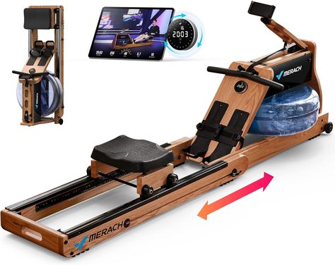 MERACH Foldable Wooden Rowing Machine, Water Electromagnetic Rower Machine for Home Use, Exclusive App Lifetime Membership, Patented Space Saver, MERACH Go Technology, 950 Folding Structure, Rowing Workout, Rowing Machines, Rowing Machine, Marathon Runners, Free Workouts, The Resistance, Workout Apps, Space Savers