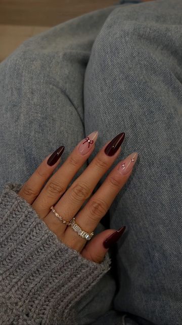 Vivian Marie Wong on Instagram: "brb busy defrosting 👀

deep red is @gelcare.official in Cabernet ♥️

———
#christmasnails #holidaynails #nailinspo #nails #almondnails #sparklynails #starnails #rednails #fallnails" Burgundy Almond Nails Design, Christmas Nails Burgundy, Maroon Almond Nails, Almond Nails Designs, Almond Nail, Star Nails, Sparkly Nails, Silver Nails, Holiday Nails