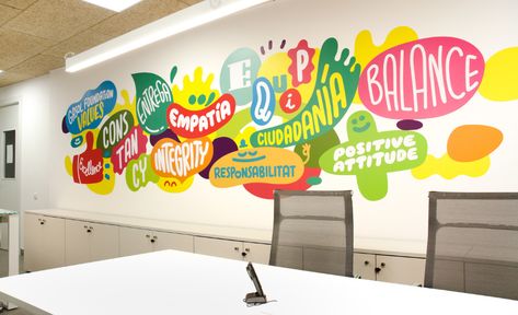 Gasol Foundation environmental graphics - Iván Bravo Studio | Illustration & Graphic Design Office Wall Graphics, Office Graphics, Studio Illustration, Office Mural, School Wall Art, School Murals, School Interior, School Displays, Childhood Obesity