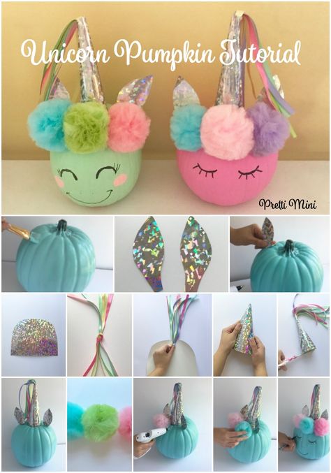 Adorable Unicorn Pumpkin Tutorial by Jen Kitzmiller, owner of Pretti Mini. Uni The Unicorn Pumpkin, Unicorn Pumpkin Ideas, Disguise A Pumpkin Project, Unicorn Painted Pumpkin, Pumpkin In Disguise Project, Unicorn Pumpkin Painting, Unicorn Pumpkin Decorating, Pumpkin Fundraiser, Pumpkin Unicorn