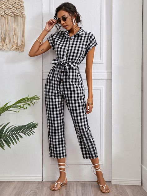 Gingham Jumpsuit, Gingham Outfit, Material Ideas, Plaid Jumpsuit, Style Jumpsuit, Belted Jumpsuit, Belt Jumpsuit, Snapchat Picture, Cotton Jumpsuit