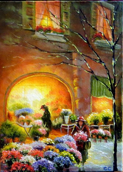 ACEO 2.5" x 3.5".  "The Flower Shop" oil on canvas by Cindy Comins Flower Shop Drawing, Painted Dollhouse, Android Wallpaper Black, Mini Oil Painting, Miniature Artist, Miniature Paintings, Miniature Dollhouse Furniture, City Night, Oil Shop