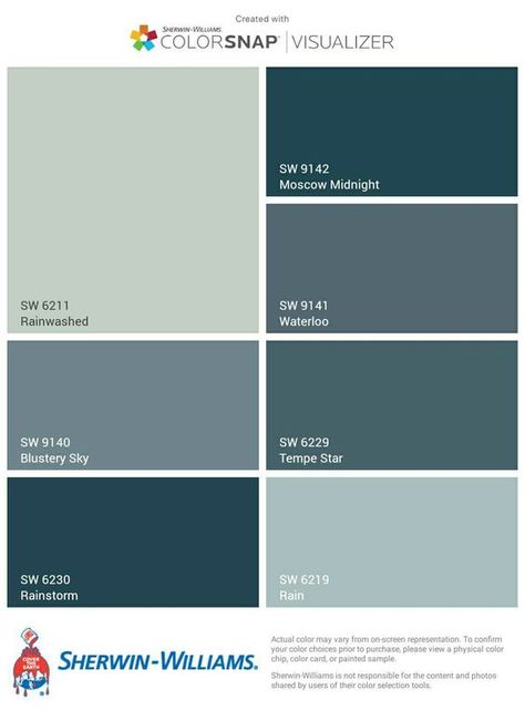 Waterloo Paint Color, Teal Paint Colors Sherwin Williams, Sherwin Williams Blue Green, Home Interiors Ideas, Moscow Midnight, Paint Colors Sherwin Williams, Sherwin Williams Blue, Teal Paint Colors, Teal Paint