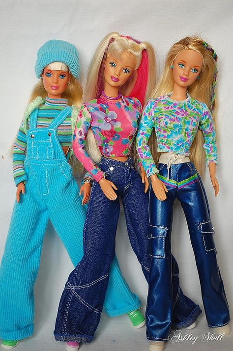 from left: Cool Blue 1997, Happenin Hair 1999, Tie Dye 1998 | by Ashley Shell Barbie Tie Dye, 1998 Barbie Dolls, Happenin Hair Barbie, Barbies From The 90s, 2000s Barbie Dolls, 90s Barbie Dolls, 90 Barbie, 1990s Barbie Dolls, 90s Barbie