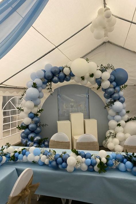 baby shower, white, blue, balloon arch, organic, cake backdrop, pannels Shades Of Blue Balloon Arch, Blueberry Balloon Arch, Blue White Balloon Arch, Blue And White Balloon Arch, Balloon Arch Blue, White Balloons Wedding, Blue Balloon Arch, Floral Balloon Arch, Cake Backdrop