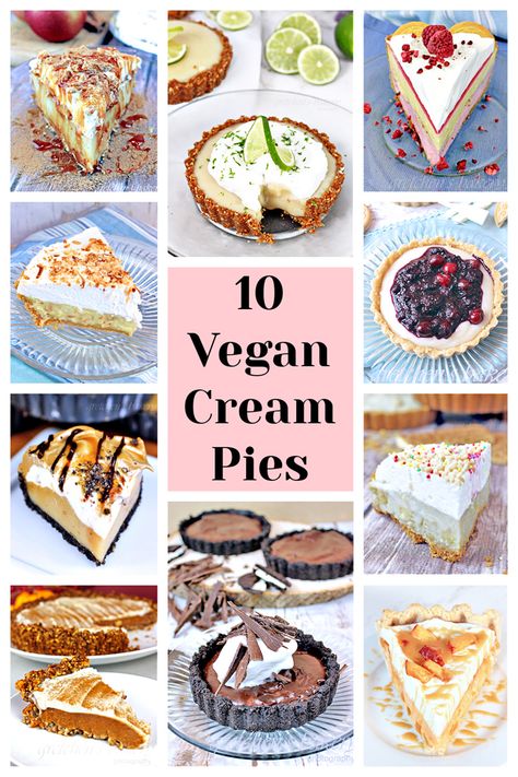 10 Vegan Cream Pie Recipes - Gretchen's Vegan Bakery Vegan Cream Pie Recipes, Coconut Cream Vegan Recipes, Vegan Custard Pie Recipe, Gluten Free Vegan Oatmeal Cream Pies, Vegan Cream Pie, Vegan Coconut Cream Pie, Vegan Pie Recipes, Coconut Cream Pie Vegan, Vegan Banana Cream Pie