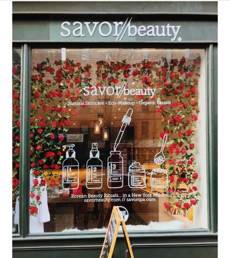 Skincare Window Display Ideas, Front Store Display, Beauty Window Display, Retail Window Display Ideas Store Fronts, Skincare Window Display, Boutique Store Front Ideas Entrance, Spa Window Display, Cosmetic Window Display, Beauty Salon Window Display Ideas