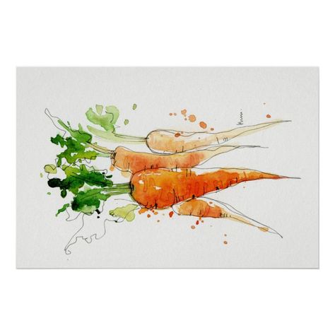 Hand painted watercolor illustration.Vegetable kitchen art. Carrot Pencil Drawing, Vegetable Watercolor Paintings, Kitchen Artwork Painting, Kitchen Watercolor Art, Vegetable Artwork, Kitchen Artwork Ideas, Carrot Watercolor, Watercolor Kitchen Art, Kitchen Paintings