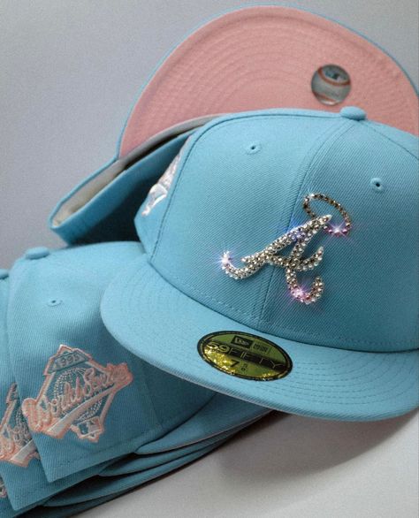 Rhinestone Fitted Cap, Custom Fitted Hat Design Ideas, Custom Fitted Hat, Bedazzled Hat, Custom New Era Hats, Custom Fitted Hats, Swag Hats, Dope Hats, Hat Aesthetic