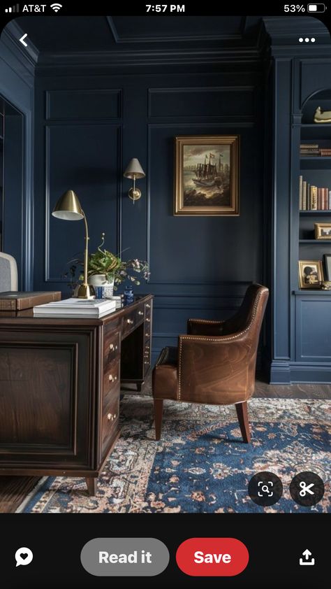 Dark Blue Study, Dark Blue Office, Blue Study, Dark Blue Bedrooms, Blue Office, Blue Bedroom, Office Ideas, Bedroom Office, Blue Leather