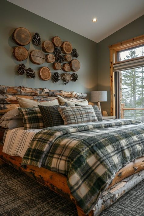 Green And Wood House Interior, Forest Theme Guest Room, Dark Green Guest Room, Rustic Rv Decor, Woodland Cabin Interior, Green Cabin Bedroom, Mountain Inspired Bedroom, Forest Theme Bedroom Nature, Earthy Decor Ideas