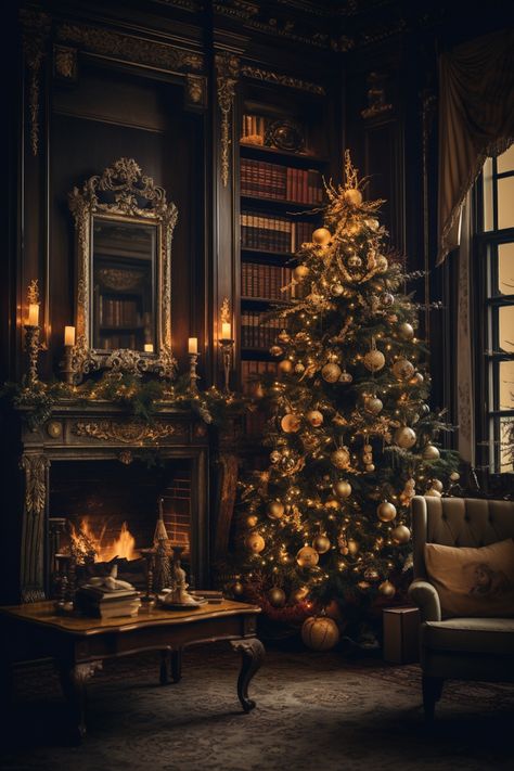 Victorian Era Christmas Aesthetic, Victorian Christmas Trees, Medieval Christmas Aesthetic, Christmas Speakeasy, Regency Christmas, Carolina Room, Dark Academia Christmas, Woody House, Moody Christmas