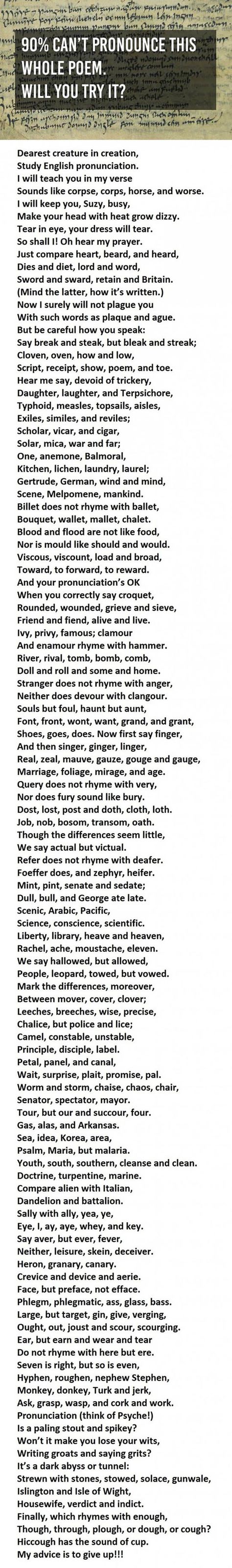 Can you read this poem as quickly and as correctly as possible? I did! Makeup Tricks, Dr Oz, English Writing, Funny Sayings, English Vocabulary Words, School Humor, Vocabulary Words, English Words, English Vocabulary