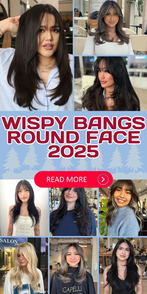 Enhance your style with wispy bangs round face 2025, paired with curtain fringes or layered long bob styles. Perfect for thick hair, thin hair, or light layers, they suit brunette or blonde tones. These bangs flatter big foreheads, small foreheads, or round faces, creating softness for medium hair or long hair straight styles