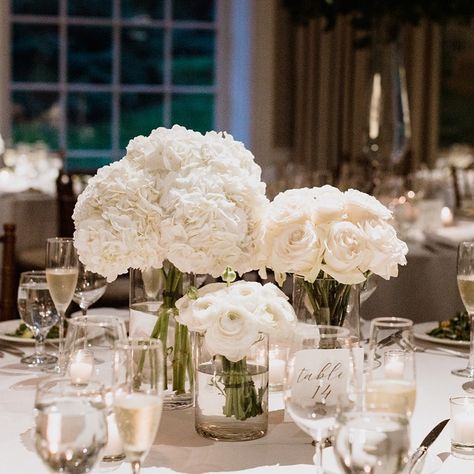 Cluster Flower Arrangements, Rose Bouquet Centerpieces, Modern White Centerpiece Wedding, Low And Lush Centerpieces, White Hydrangea Table Arrangements, White Flower Wedding Reception, White Floral Wedding Reception, White Floral Wedding Arrangements, Wedding White Flowers Centerpiece