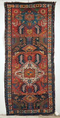 Antique Kasim Ushak Karabagh Azerbaijan Caucasian Long Rug, dated "1901," (small areas of wear, several small creases, selvage damage), 9 ft. 8 in. x 4 ft. 4 in. Under Bed Rug, Iranian Rugs, Next Rugs, Art Chinois, Bed Rug, Asian Rugs, Long Rug, Antique Persian Rug, Caucasian Rug