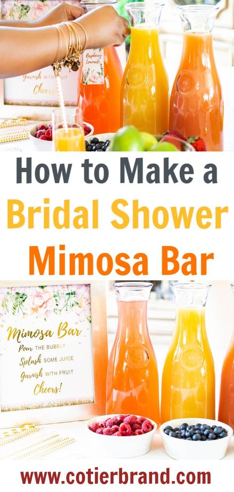 Look no further for mimosa bar inspiration, how to's and tips for your upcoming bridal shower in this insightful article. Easy to read comprehensive guide if you're looking to host a but first mimosas mimosa bar at your upcoming bridal shower, bridal brunch, bachelorette party, & wedding shower. #weddingshower #bridalshower #mimosabar #mimosabarsupplies #cotierbrand Mimosa Bar Wedding Shower Ideas, Bridal Party Mimosa Bar, Planning A Brunch Party, Bridal Brunch Mimosa Bar, Bridal Mimosa Bar Ideas, Wedding Shower Drinks Cocktails, Wedding Shower Ideas Brunch, Backyard Bridal Shower Brunch, Bridal Shower Food And Drinks