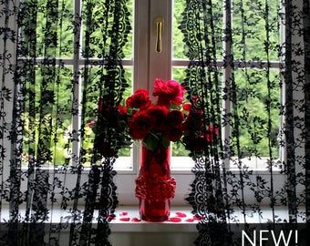 Store of Fine European Lace Curtains by SpiritofMyHome on Etsy Black Lace Curtains, Red And Black Curtains, White Lace Curtains, Lace Balloons, Balloon Shades, Goth Bedroom, Lace Curtain Panels, Balloon Curtains, Embroidered Patterns