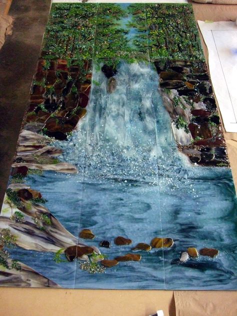 Waterfall Scene | Designer Glass Mosaics Waterfall Mural, Frit Painting, Bathroom Mosaic, Land Scapes, Shower Mosaic, Glass Waterfall, Fused Glass Panel, Traditional Staircase, Designer Glass