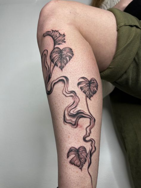 Leaf Tattoo On Back, Trippy Plant Tattoo, Abstract Vine Tattoo, Black Monstera Tattoo, Monstera Tattoo Thigh, Banana Leaves Tattoo, Mini Plant Tattoo, Script Cover Up Tattoo, Monstera Vine Tattoo