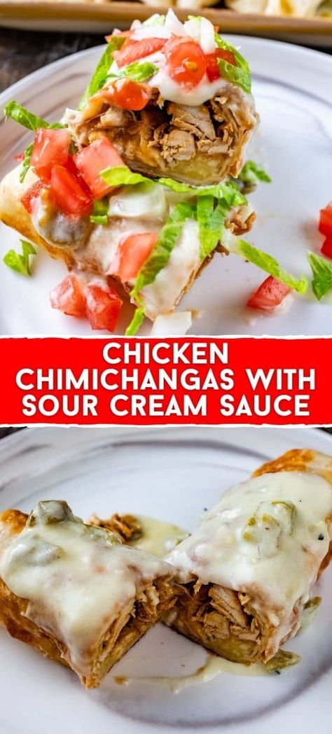 Chimichangas Chimichanga Sauce, Chimichangas Recipes, Chimichanga Recipes, Chicken Chimichanga Recipe, Chicken Chimichanga, Chicken Chimichangas, Chimichanga Recipe, Sour Cream Sauce, Cayenne Pepper