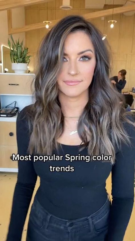 Popular Spring Hair Color Trend [Video] in 2022 | Hair styles, Hair highlights, Spring hair color Long Haircut With Balayage, Spring Hair Brunette 2023, Blonde Faded Into Brown, Highlight On Bob Haircut, Lob Haircut Balayage Brunettes, Ash Brown Hair 2023, Long Brunette Color Ideas, Haircuts With Bangs Medium Length, Loved In Color Hair