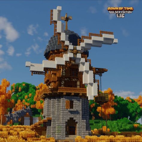 Lekter made this medieval windminll in Minecraft with the Dawn of Time mod. Windmill In Minecraft, Medieval Windmill, Minecraft Medieval Village, Minecraft Japanese House, Minecraft Steampunk, Minecraft Decoration, Minecraft Farm, Minecraft Mod, Minecraft Cottage