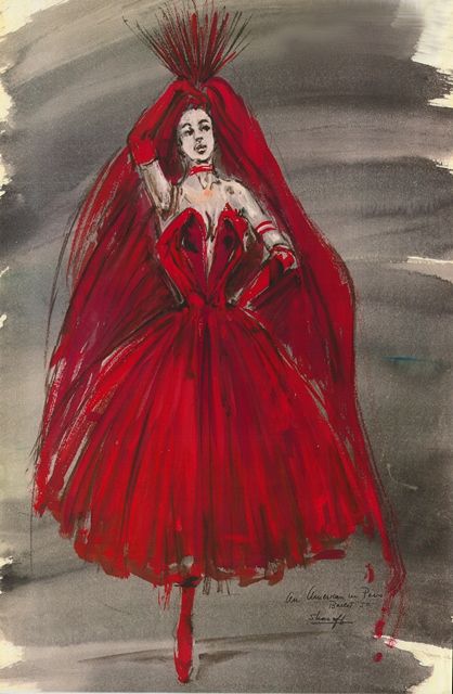 Irene Sharaff costume sketch for the 1951 MGM film "An American in Paris". Hollywood Glamour Costume, Ballet Sequence, Irene Sharaff, Glamour Costumes, Beautiful Movies, American In Paris, Costume Design Sketch, An American In Paris, Vintage Hollywood Glamour