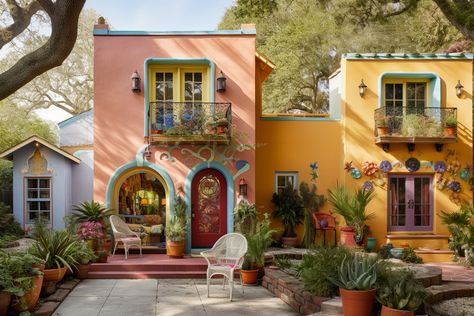 Mexico Colorful Houses, Artsy House Exterior, Funky Exterior House, Traditional Mexican House Exterior, Eclectic House Exterior, Bohemian Home Exterior, Colorful House Exterior, Mexican House Exterior, Orange Houses