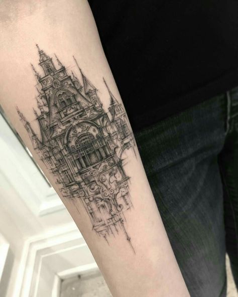 Steampunk Tattoo Design, Steampunk Tattoo, Castle Tattoo, Shape Tattoo, Muster Tattoos, Elbow Tattoos, Detailed Tattoo, Architecture Tattoo, Unique Tattoo Designs