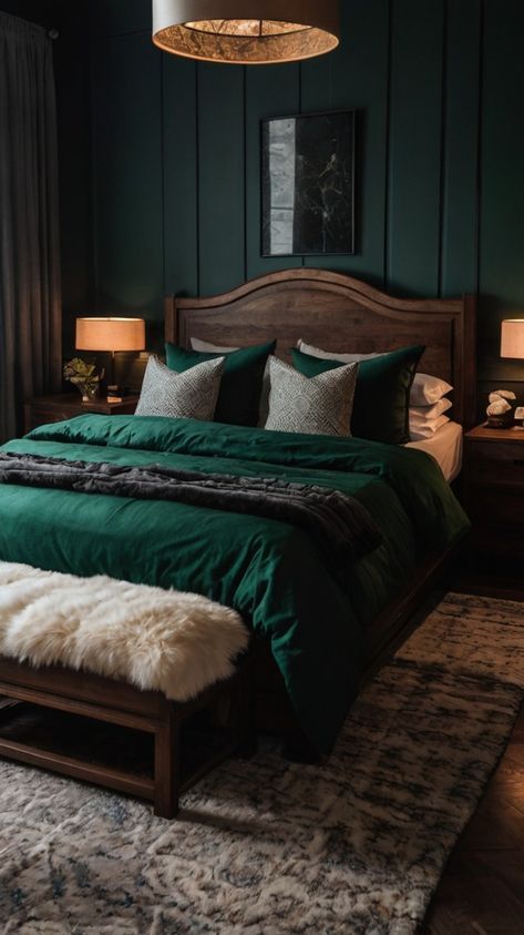 Black And Emerald Green Bedroom, Emerald Green Bedroom, Emerald Green Bedrooms, Fun Bathroom Decor, Cozy Bedroom Design, Green Bedroom, Bedroom Design Ideas, Bedroom Decor Ideas, Interior Stylist