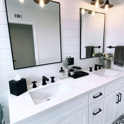 Black And White Bathroom Ideas Decor Master Bath, White Bathroom Black Hardware, White Bathroom Black Fixtures, Couples Bathroom Ideas, Renters Bathroom, White And Black Bathroom Ideas, Restroom Remodel Ideas, Restroom Cabinets, Bathroom Closet Remodel